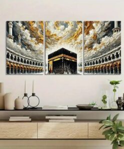 Khana Kaba Wooden Wall Art – 3 Piece Islamic Frame Set Made With Wooden Stickytile