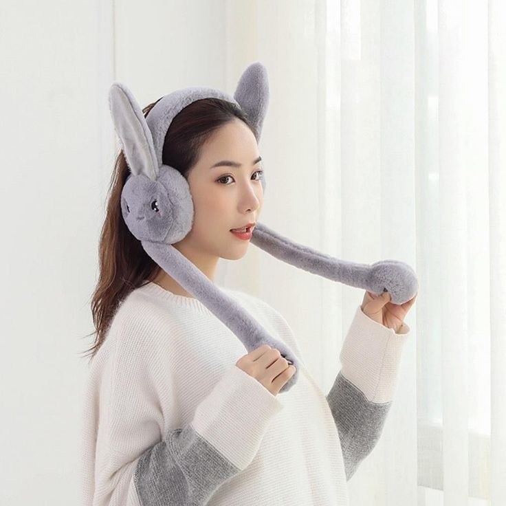 Soft Fluffy Rabbit Ears Headband | Moving Ears Plush Earmuffs | Warm & Cozy – 1Pc Random Colour - Image 3