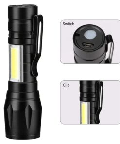 Mini Rechargeable LED Flashlight – Waterproof Torch with USB Fast Charging & Side Lamp (Metal Body)