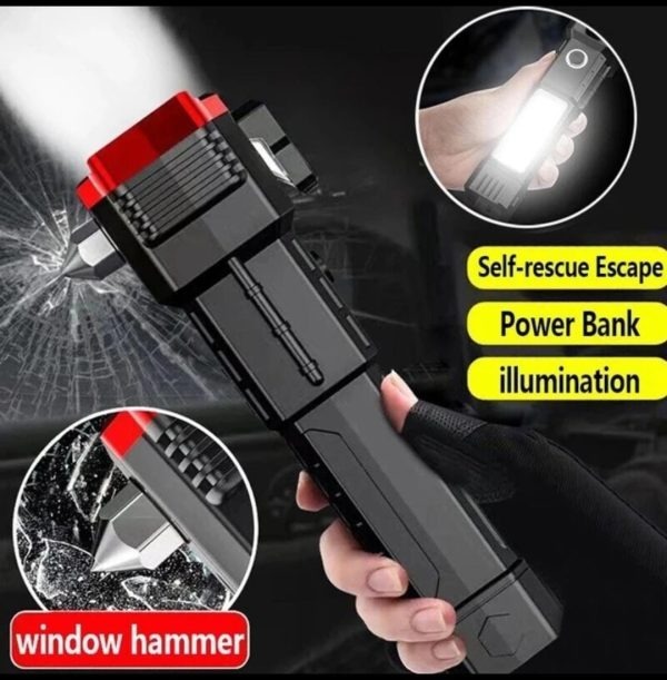 High-Power LED Torch Light – Rechargeable Flashlight with Tactical Hammer & Power Bank With Box