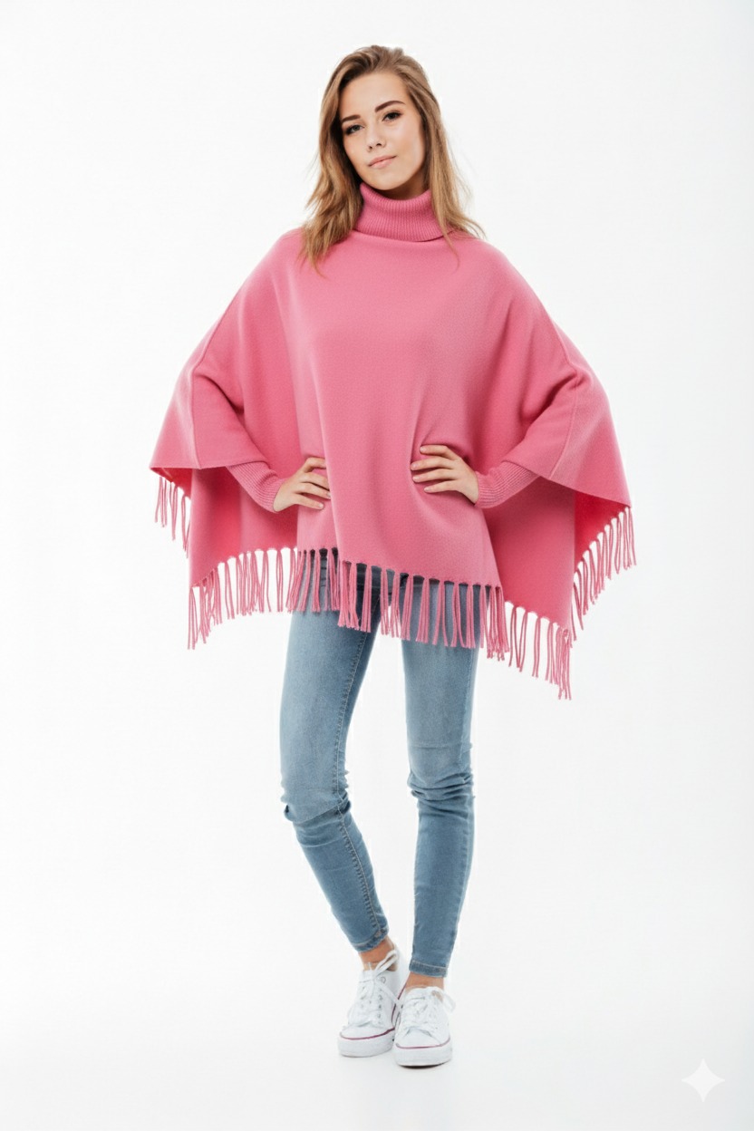 Winter Fleece Poncho with High Neck, Tassel Design & Adjustable Short Sleeves – For Girls/Princess Free Sizes - Image 3