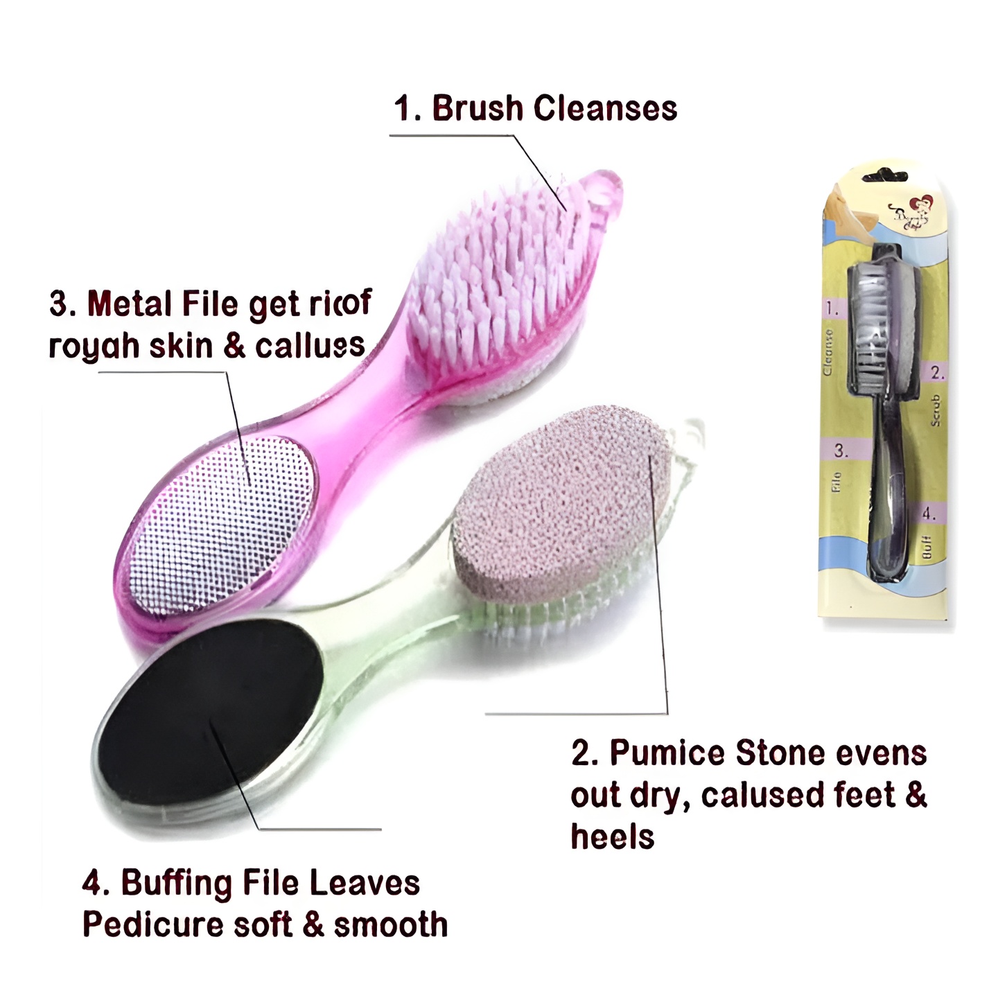 4 In 1 Foot Scrubber | Multi Use Pedicure Paddle Brush - 4 Step Pedicure Cleanse, Scrub, File And Buff (Random color) - Image 5