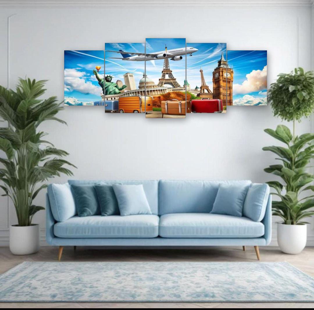 World Travel Landmarks Wall Art – 5-Piece Canvas Set (16x40 inches) | Wooden Sticky Tile Frames with Double Tape - Image 2