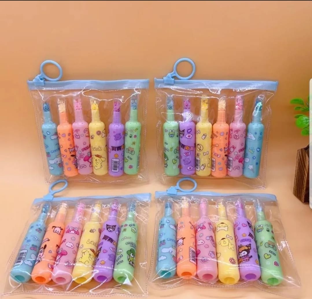 Pack of 6 Bottle Shaped Kromi Character Highlighters for Girls and Boys – Cute Stationery Set - Image 2