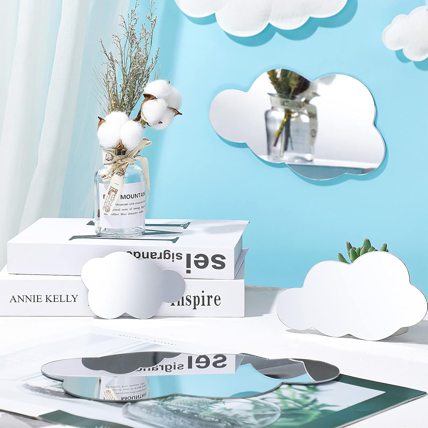 8 Pcs Acrylic Cloud Shape Mirror Wall Art Decor Cloud Mirror Stickers Decals for Kids Girls Bedroom Bathroom Playroom silver - Image 3