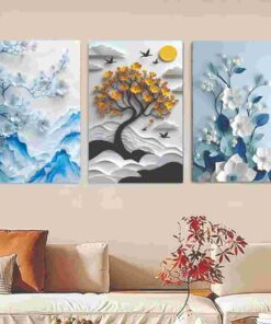 Set Of 3 Flower Tree Art Wooden Frames For Wall Decoration / Sticky Photo Tile