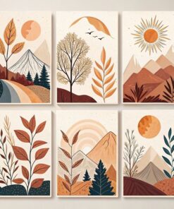 Hills Moon Sun Leaves Wooden Wall Art – 6 Piece Decorative Frame Set Made With Wooden Stickytile