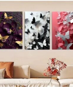 Set Of 3 Butterfly Art Wooden Frames For Wall Decoration / Sticky Photo Tile