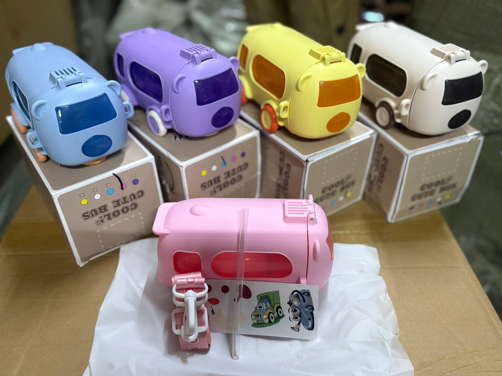 Imported 600ml Bus Water Bottle | Kids Cute Bus Shape | Strap, Sipper & Straw | Leakproof BPA Free (Random Colour) - Image 5