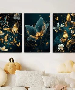 3 Pcs Butterfly Wall Art Frame Set – Elegant Golden Butterfly And Floral Design With Wooden Sticky Tile – 8x11 Inches With Double Tape