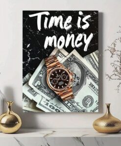 Luxury Wall Frame “Time is Money” | Wooden Sticky Tile Frame with Double Tape – 8x11 Inches