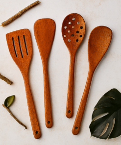 Pack Of 4 - Wooden Spoon Set - Light Brown Kitchen Tools & Gadgets | Kitchen Essentials for Daily Meal Preparation