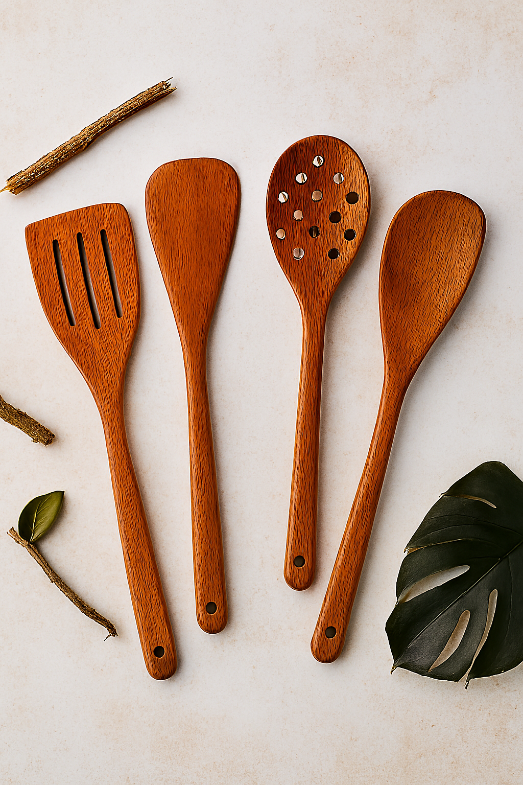 Pack Of 4 - Wooden Spoon Set - Light Brown Kitchen Tools & Gadgets | Kitchen Essentials for Daily Meal Preparation