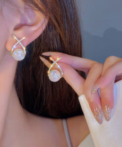 Elegant Golden Cross Pearl Zircon Earings Pearl Stud Earrings Women Personality Fashion Unique Design Earrings | Earrings for Women Fashion | Luxury Look Artificial Earrings | Women Earrings