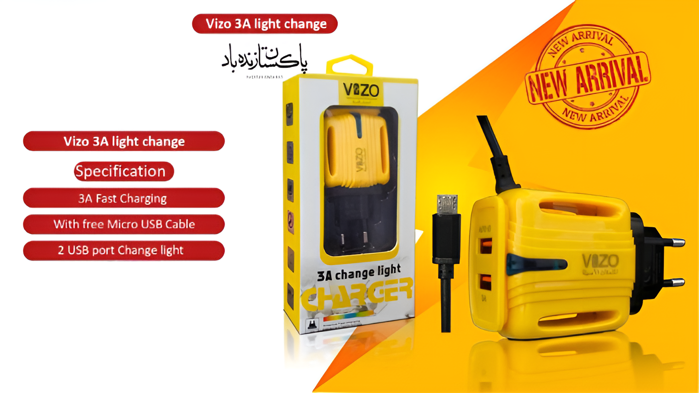 3A Light Change Charger with 2 USB Ports & Built-in Micro USB Cable | Best Quality Charger For Android | Vizo 3A Charger - Image 3