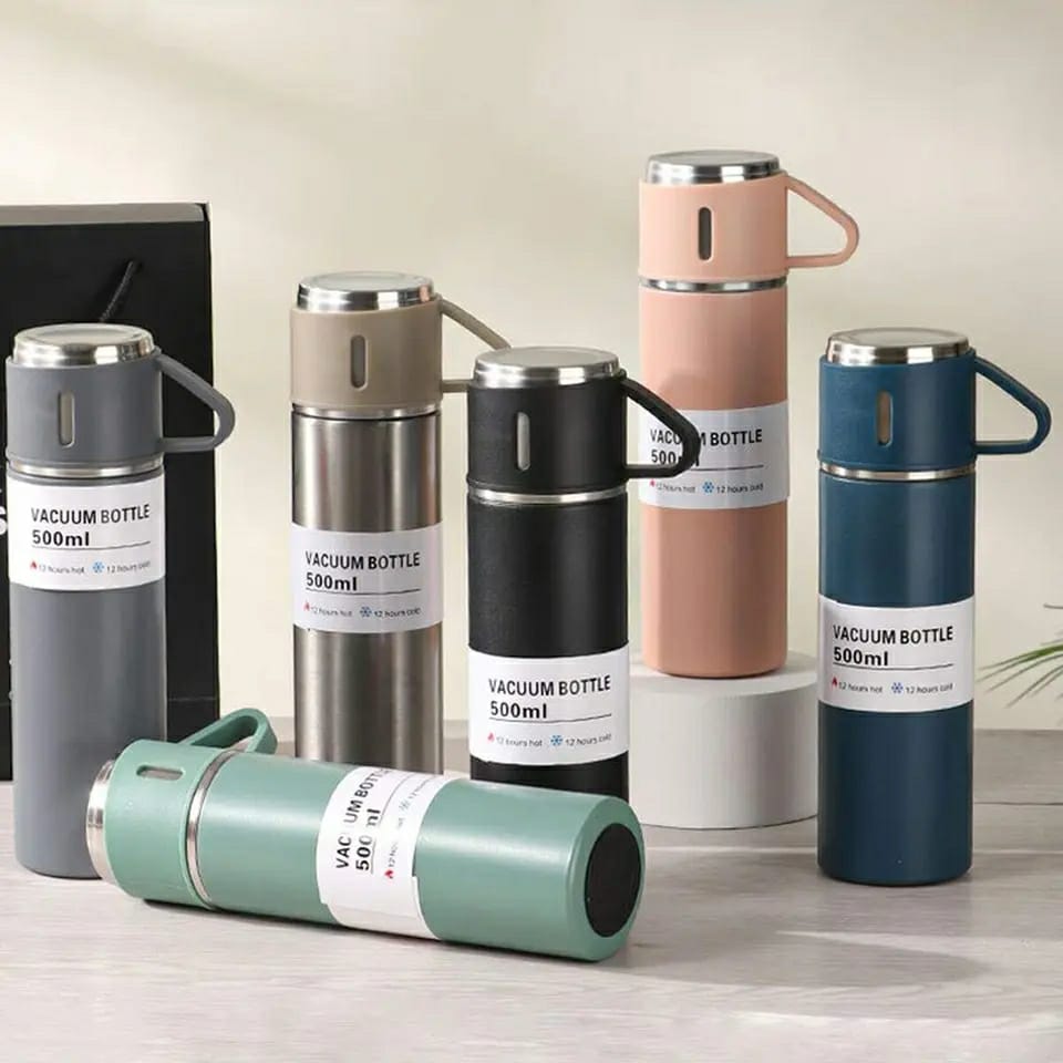 STAINLESS STEEL VACUUM FLASK SET, 500ML WITH 2CUPS (random color) - Image 3