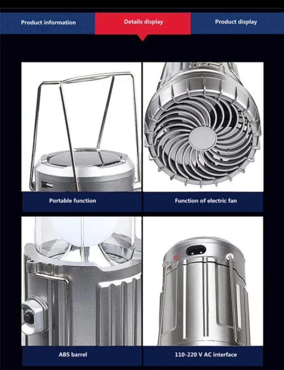 6 in 1 portable outdoor LED camping lantern with fan solar charge rechargeable light energy saving tent lamp flashlight - Image 3