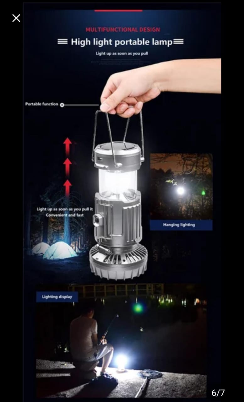 6 in 1 portable outdoor LED camping lantern with fan solar charge rechargeable light energy saving tent lamp flashlight - Image 2