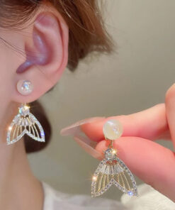 Golden Fishtail Luxury Sparkling Crystal Rhinestones Pearl Earrings for Women Girls