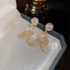 Golden Fishtail Luxury Sparkling Crystal Rhinestones Pearl Earrings for Women Girls - Image 3