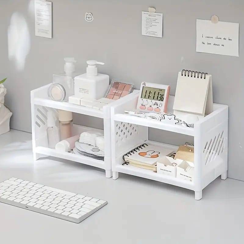 Desktop Double-Layer Plastic Storage Holder Rack Cosmetic Box Kitchen Bathroom Desk Shelf Organizer Office Supplies Stationery (Random Color) - Image 2