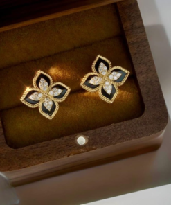 Black and Gold Floral Earrings – Sparkling Four-Leaf Studs with Cubic Zirconia (PJT-991)