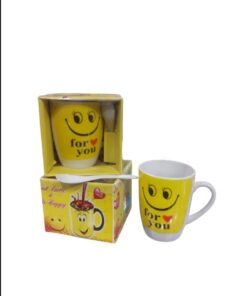 Smart and Cute Emoji Ceramic Smiley Cup with Spoon – Stylish Tea and Coffee Mug