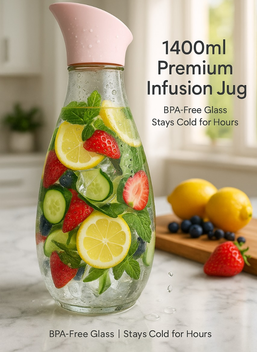 1400ml Hard Glass Water Jug with Lid – Heat-Resistant Pitcher for Water