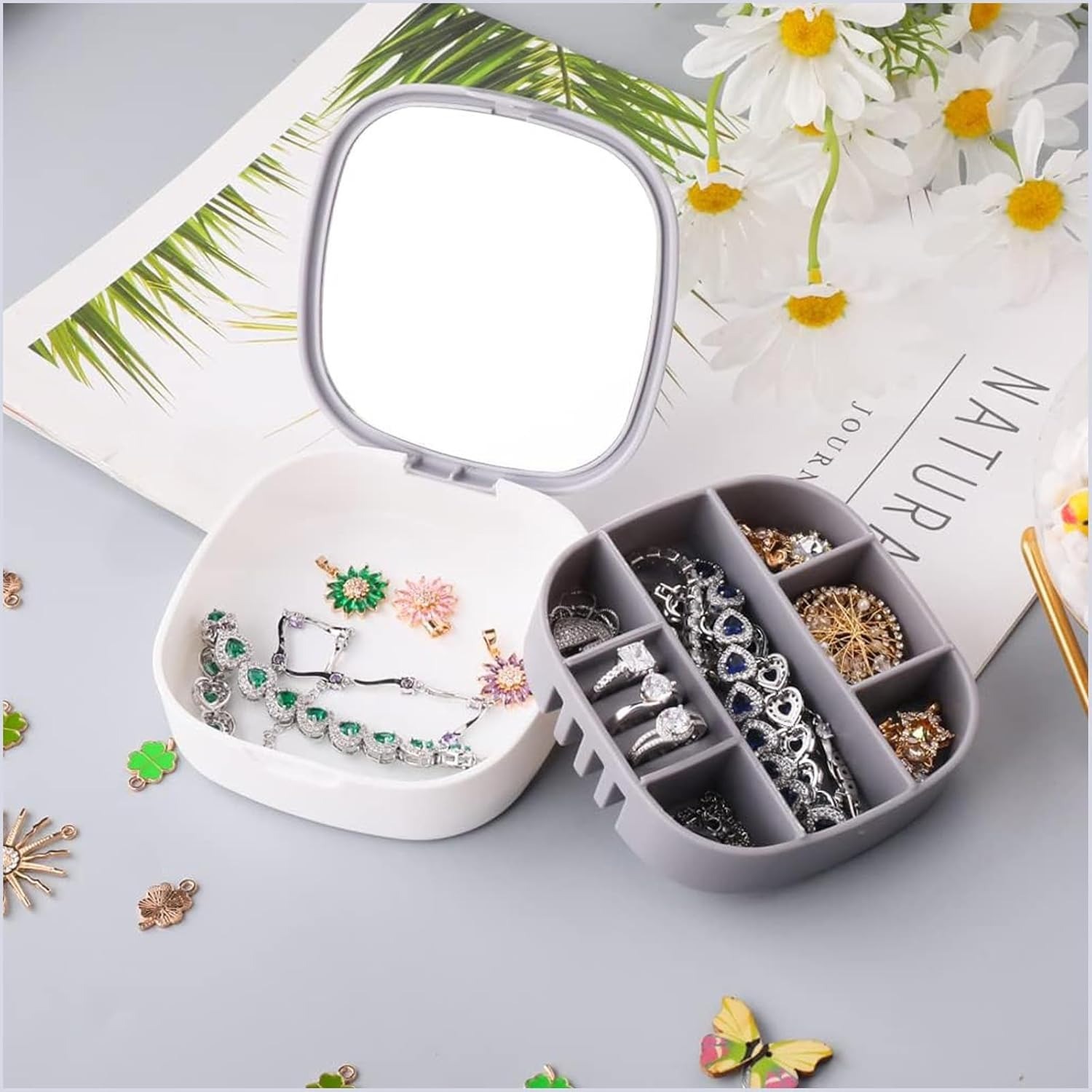 Portable Mini Jewelry Storage Box with Built-In Mirror – Compact Travel Organizer for Rings
