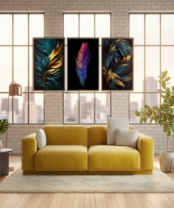 3-Piece Feather Design Wall Art Frames – Modern Decorative Wall Hanging Set