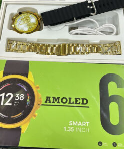 GEN PRO 6 AMOLED Smartwatch – Display with Dual Straps (Silicone + Golden Metal Strap)