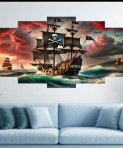 Pirate Ship Ocean Voyage Wall Art – 5-Piece Canvas Set (16x40 inches) | Wooden Sticky Tile Frames with Double Tape