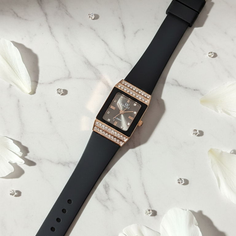 Midnight Elegance - Rectangular Rose Gold & Crystal Statement Watch