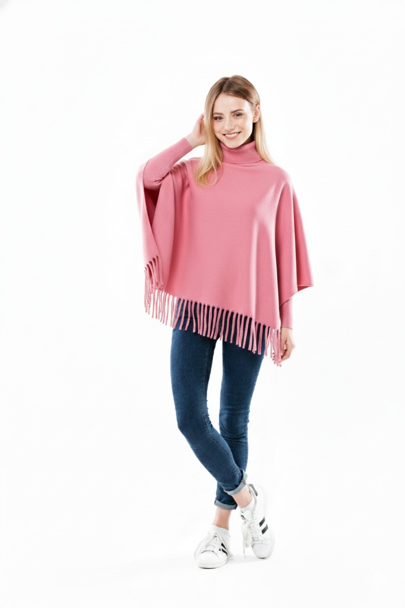 Winter Fleece Poncho with High Neck, Tassel Design & Adjustable Short Sleeves – For Girls/Princess Free Sizes - Image 4