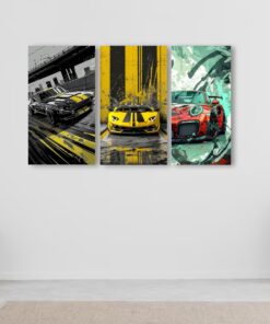 Set Of 3 Cars Art Wooden Frames For Wall Decoration / Sticky Photo Tiles