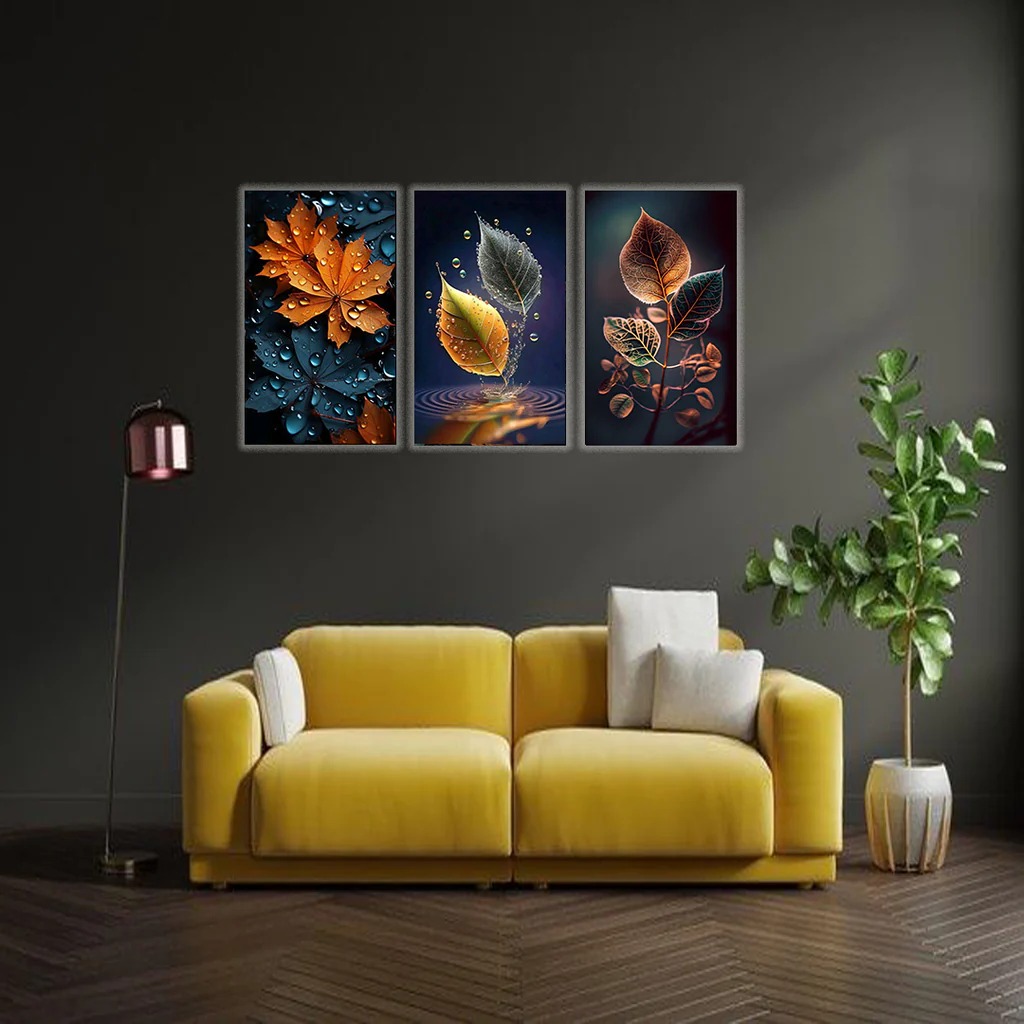 3-Piece Autumn Leaf Wall Art Frames – Decorative 8x11 Inch Modern Home Decor Set with Double Tape for Easy Wall Mounting