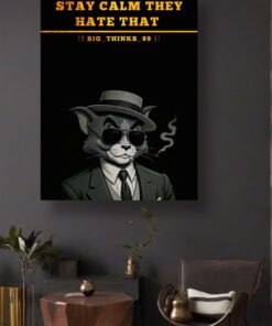 Stay Calm They Hate That” Framed Wall Art – Stylized Cat Portrait with Quote