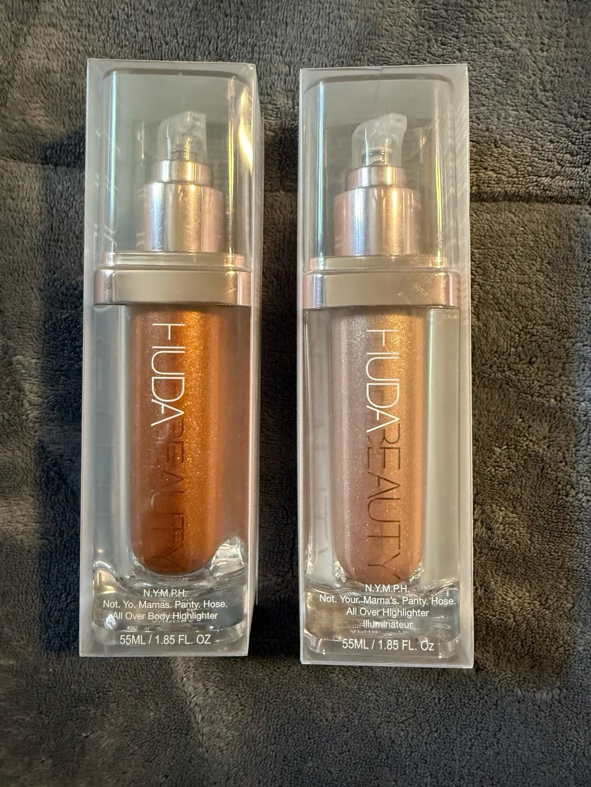 Huda Beauty N.Y.M.P.H. All Over Body Highlighter – Liquid Illuminator for Face, Body & Legs – Water-Based, Long-Lasting Glow – 35 ml - Image 5