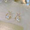 Elegant Golden Cross Pearl Zircon Earings Pearl Stud Earrings Women Personality Fashion Unique Design Earrings | Earrings for Women Fashion | Luxury Look Artificial Earrings | Women Earrings - Image 2