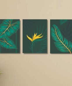 Set of 3 GREEN Flowers Wall Art Wooden Frames for Home Decoration / Sticky Photo Tiles