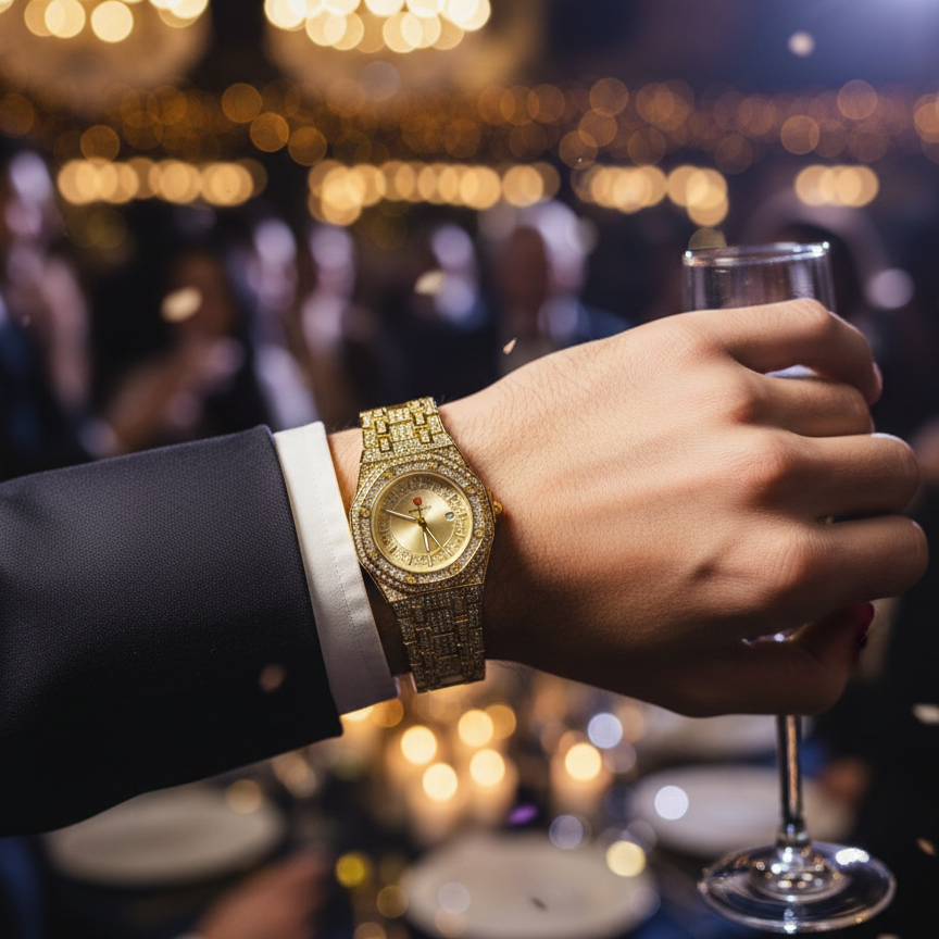 Luxury Gold Diamond-Studded Wrist Watch - Premium Designer Style Quartz Watch for Men & Women (Without Box) - Image 4