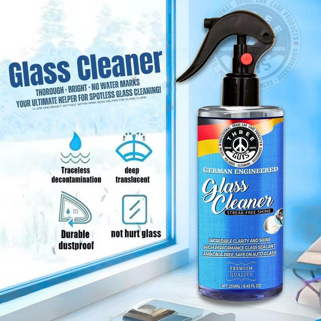 THREE GUYS Glass Cleaner Spray 250ml | Streak-Free Shine for Car & Home | German Engineered Auto Glass & Window Cleaner - Image 2