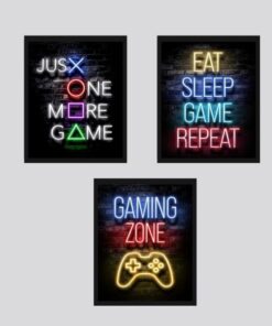 Set Of 3 Gaming Text Neon Wall Frames 8x11 inches size / Wall Frame For Room Decoration
