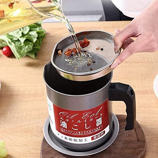 High Quality 1.4L Fryer Oil Filter Pot – Carbon Steel Oil Can with Stainless Steel Strainer Kitchen Storage Jug (Without Box) - Image 3