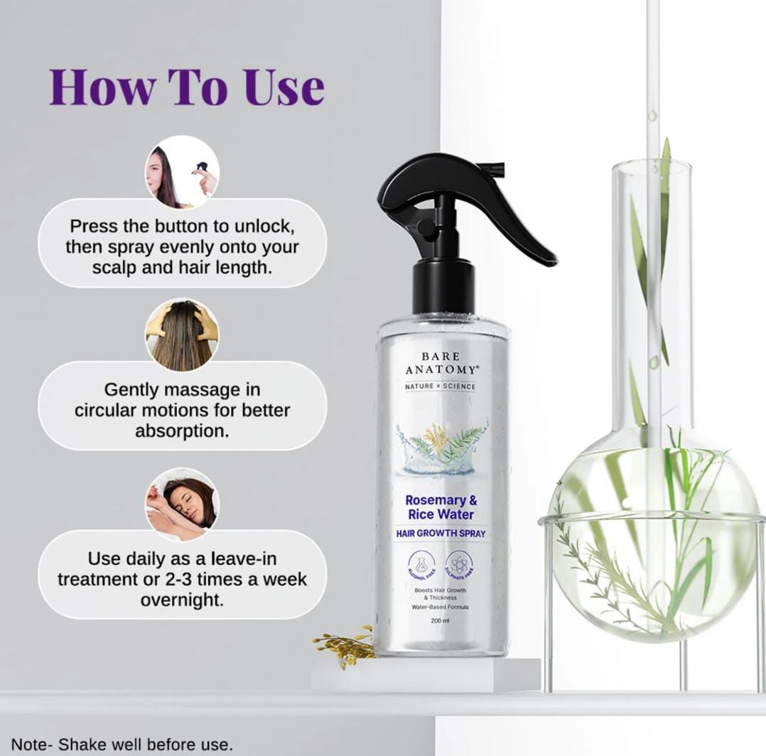 Bare Anatomy Rosemary & Rice Water Hair Growth Spray | Boosts Thickness | Controls Hair Fall | 200ml - Image 3