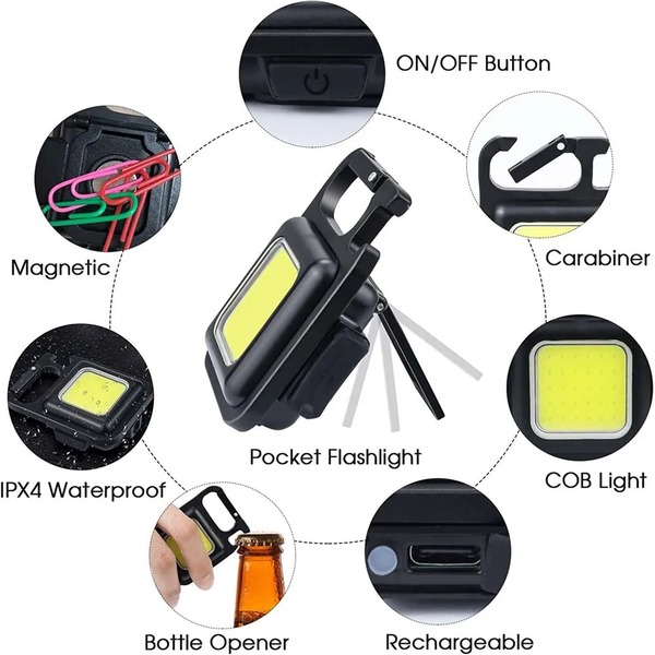 Rechargeable Mini COB LED Flashlight Keychain with Bottle Opener | Portable Pocket Torch Light - Image 2