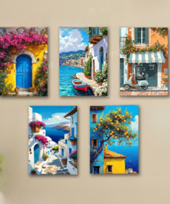Set of 5 italian mediterranean vintage homes aesthetic art themed wall art wooden sticky Phototile frames for wall home and girls room decoration