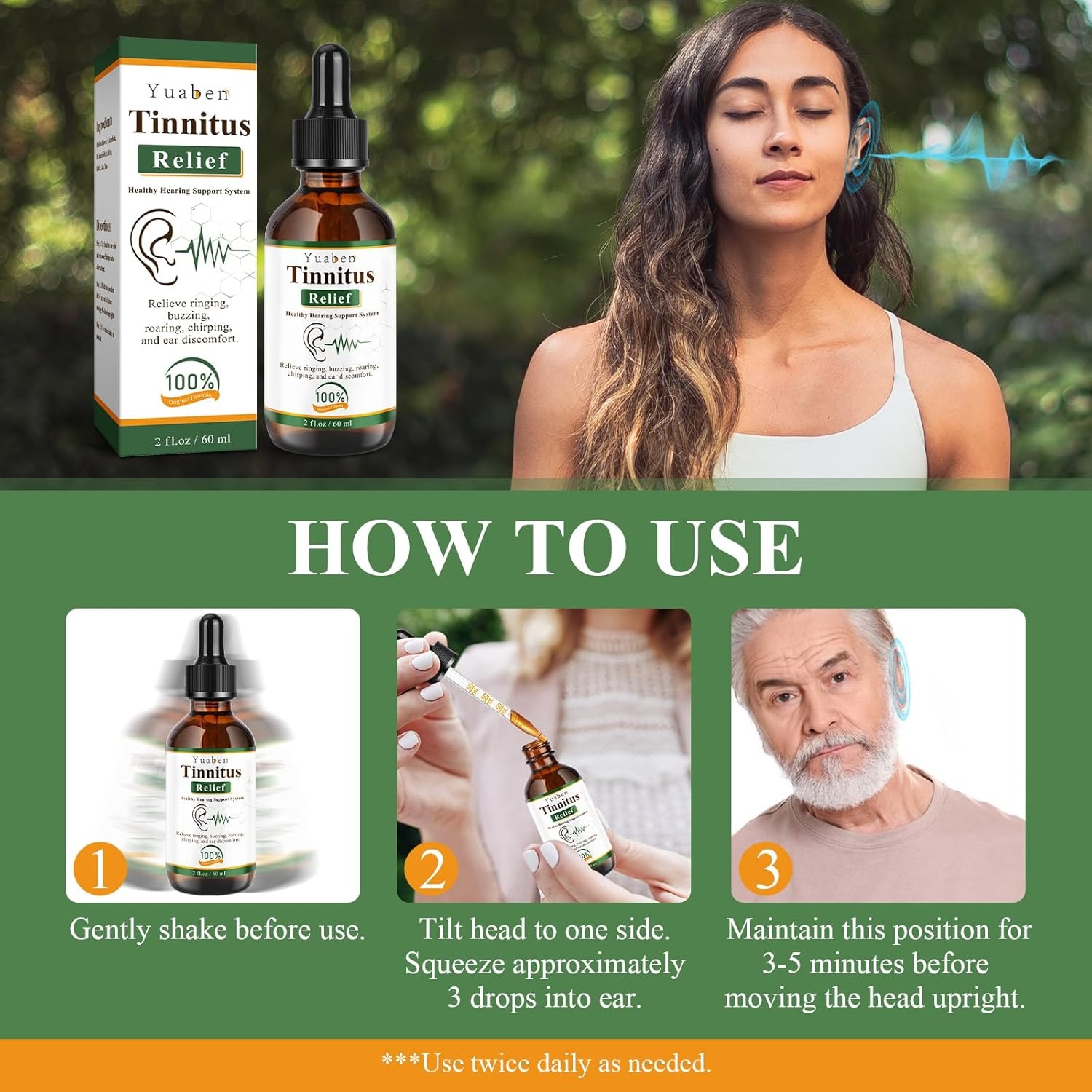 Yuaben Tinnitus Relief Drops | Healthy Hearing Support System | Natural Ear Care for Ringing and Buzzing | 60ml - Image 4