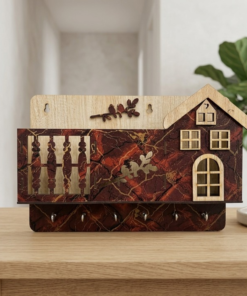 Decorative Wooden House Key Holder – Wall Mounted Key Organizer with 6 Hooks & Marble Finish Design