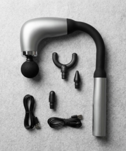 Long-Handle Fascial Gun Massager – Ergonomic Percussion Massage Tool with 4 Interchangeable Heads – Rechargeable Full Body Muscle Relaxer